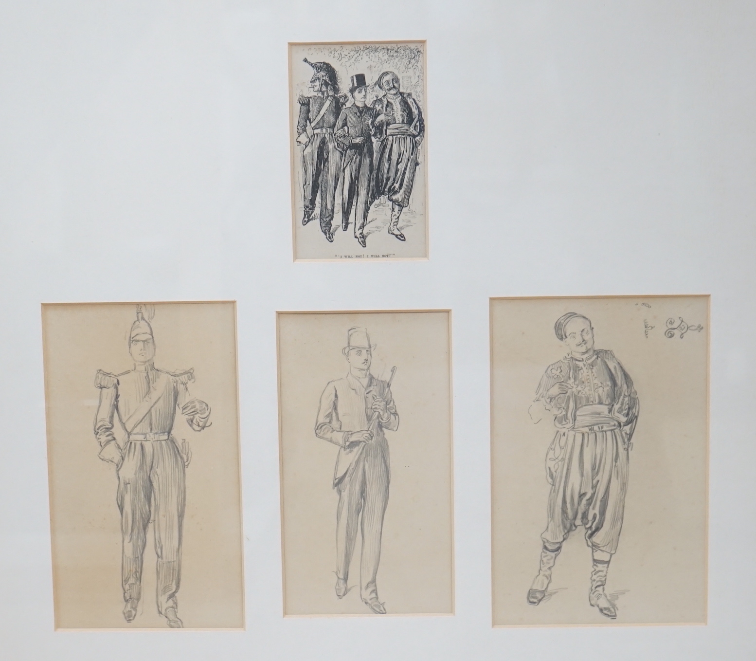 George du Maurier (1834-1896), three pencil sketches for a pen and ink illustration, 'I will not! I will not'; Guardsman, Gentleman and Turk, largest 21 x 13cm